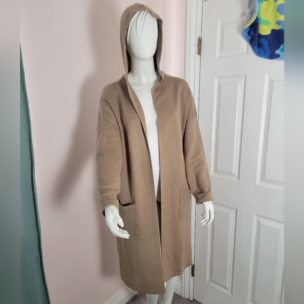 MEROKEETY Women's Long Hooded Knit Cardigan Sweater with Pockets Light Taupe Siz - Picture 7 of 10